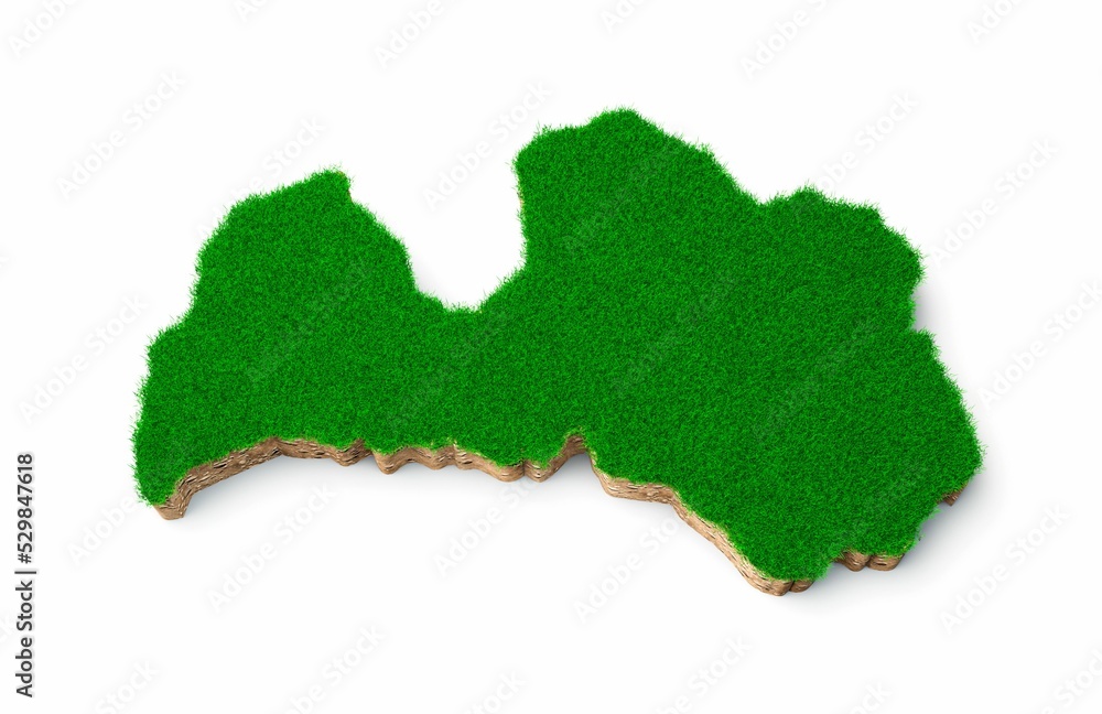 Poster 3d rendering of a mossy latvia-shaped map isolated on white background