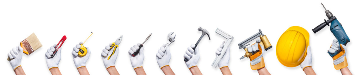 Hand with construction tool supplies png file or home construction builder - obrazy, fototapety, plakaty
