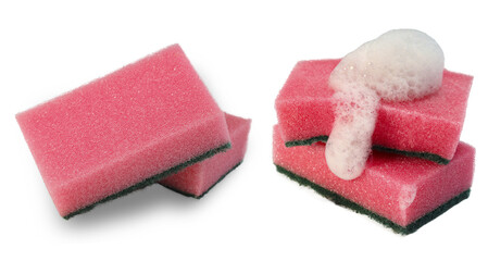Set of Household Cleaning Scrub pink Colored Sponges with and whit out soap foam. Kitchen...