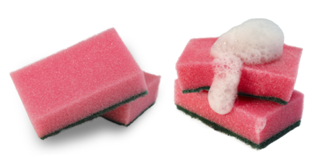 Set of Household Cleaning Scrub pink Colored Sponges with and whit out soap foam. Kitchen Dishwashing Sponge isolated clipping path on white background. Cleaning home concept. 