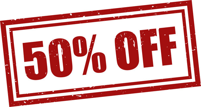 50 percent off red square grunge stamp, vector illustration