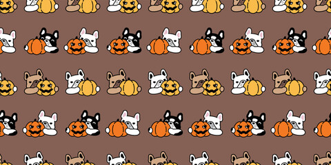 dog seamless pattern french bulldog pumpkin Halloween jack o lantern vector cartoon character puppy pet spooky tile background gift wrapping paper scarf isolated repeat wallpaper doodle illustration d