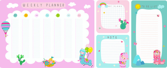 Llama weekly planners, kids daily timetables. Child diary and week schedule design. Cute alpaca, rainbow and hot air balloon, nowaday vector notes pages