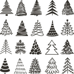 Doodle black christmas tree icons. Xmas rough drawn trees, abstract pencil winter elements. Grunge new year art decor, fir-trees neoteric vector silhouettes