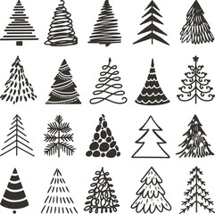 Obraz premium Doodle black christmas tree icons. Xmas rough drawn trees, abstract pencil winter elements. Grunge new year art decor, fir-trees neoteric vector silhouettes