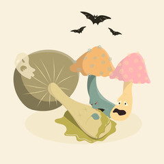A vector freehand illustration of cartoon mushrooms, one  is eating the dead one, the third one is scared. Dedicated to Halloween celebration observed on 31 of October, spooky fungies