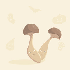 A vector freehand illustration of cartoon twin mushrooms. Dedicated to Halloween celebration observed on 31 of October, spooky fungi on light background