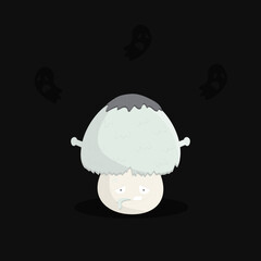 A vector freehand illustration of cartoon Frankenstein champignon mushroom. Dedicated to Halloween celebration observed on 31 of October, spooky fungi on dark background