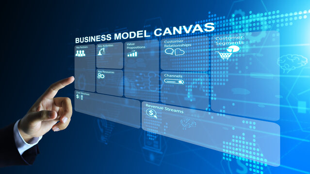 Hand extended to point, touch, and click to activate functions in a business plan or business model canvas in the key activities. Concept of planning a business, production, or service activities.