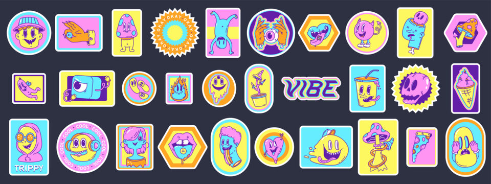 Acid hipster stickers and patches with neon groovy characters. Retro 70s art design, trendy pop style badges. Crazy psychedelic snugly vector elements