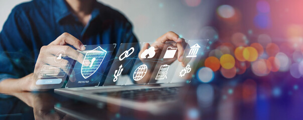 IT specialist work on computer with data protection of cyber security Privacy business internet technology concept. Banner with copy space.