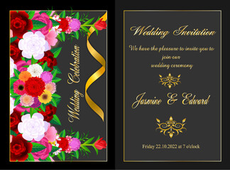 double realistic abstract flowers frame wedding invitation card design vector with golden ribbon on black color