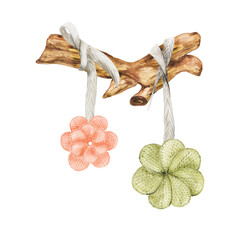 Watercolor cute knitted flowers on a branch. Perfect for textile, web design, souvenirs and other ideas.