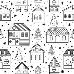 Seamless pattern with Christmas houses and Christmas tree. Great for fabric, textile vector illustration