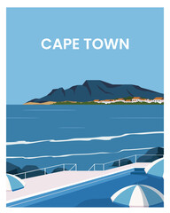 Fototapeta premium summer day in cape town with sea and mountain view. landscape vector illustration with minimalist style for travel poster, postcard.