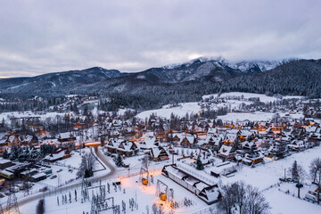 Zakopane cityscape in winter, streets in snow, aerial drone view