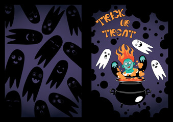 Halloween invitation or greeting Cards. Cute and funny hand drawn vector illustration.