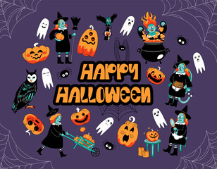 Halloween icon design set. Halloween stiker set. Cute and funny characters. Vector hand drawn illustration.