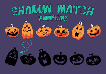 Halloween kids game, Find the correct pumpkin silhouette. Kids logic puzzle brainteaser find similar cartoon funny Halloween pumpkins. Vector illustrations.