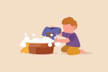 Little boy doing laundry clothes with Laundry Wash Tub. Cleaning concept. Flat vector illustrations isolated.