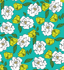Hand Drawn Poeny Flowers Vector Seamless Pattern Trendy Fashion Colors Perfect for Allover Fabric Print or Wrapping Paper