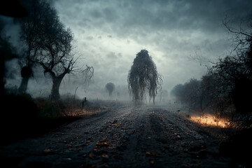Fototapeta na wymiar Frozen trees in the fog. Horror halloween background.Digital art