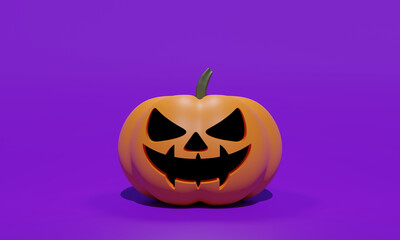 Halloween background 3d rendering. Spooky head pumpkin scary scene on purple background.  Illustration design for Halloween background.
