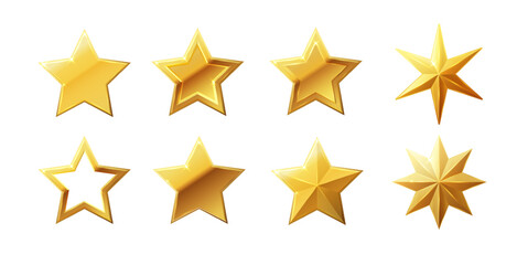 Vector stars set of realistic metallic golden stars isolated on white background. Glossy yellow 3D trophy star icon.
