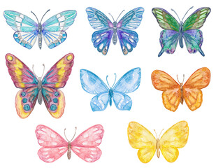 Plakat Collection of cute colorful butterflies. watercolor painting