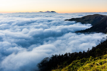 Sunset view of cloud sea in Hehuan Mountain Forest Recreation Area of Nantou, Taiwan.