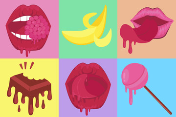 Seamless pattern with set pop art red female lips, pink lollipop, dripping chocolate and banana. Sexy woman's lips sketch vector illustration.