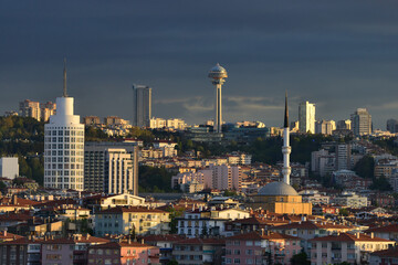 Ankara, the capital of Turkey - a cityscape with major monumental buildings at sunset