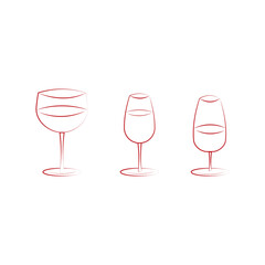 A collection of illustrations of the contours of red glasses. Alcohol.