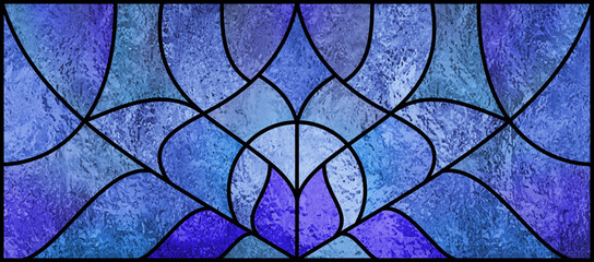 Blue stained glass window. Abstract stained-glass background. Art Nouveau decor for interior. Vintage pattern. Luxury modern interior. Transparency. Color light. Dark blue template.
