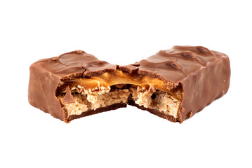 Chocolate bar with nougat on a white background. The bar is broken into two parts isolate