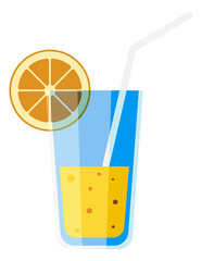 Glass of citrus juice with orange slice and plastic straw
