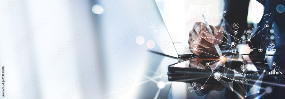 Poster data analysis of financial and banking, businessman using digital tablet with global business networ