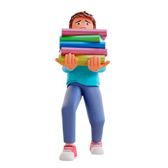 Cute boy going to school and bring a books cartoon 3d icon illustration. people education icon concept