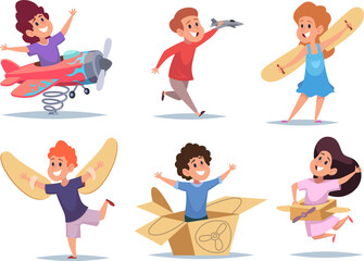 Kids pilots. Children playing in action poses running in aviator costumes modeling crafting airplane wings exact vector professional pilot clothes