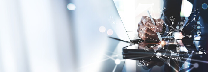 Data analysis of financial and banking, Businessman using digital tablet with global business network, AI, Technology and data connection, Business strategy, digital technology