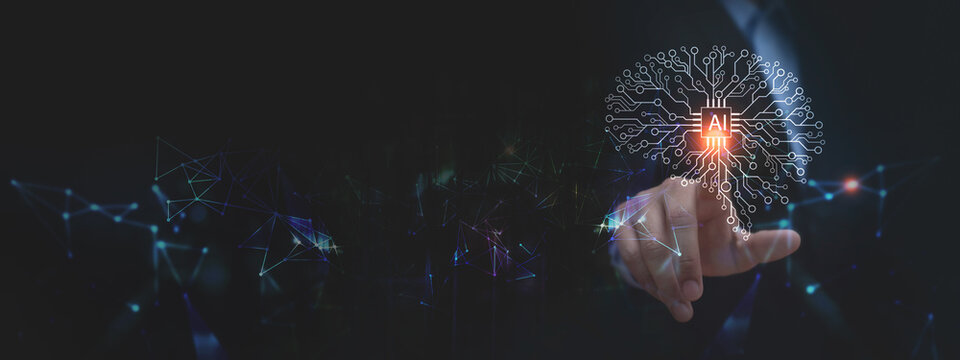 Artificial intelligence (AI), machine deep learning, neural networks and innovative technologies concepts. Man pointing at virtual brain representing artificial intelligence