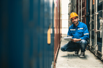 Container operator holding a notepad to take note while doing his daily routine inspection. He is wearing a yellow hard hat and blue reflect jacket while working in container yards.