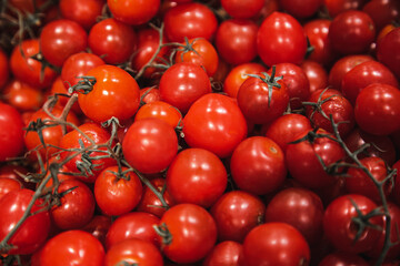 Close-up, small red tomatoes on the supermarket counter.