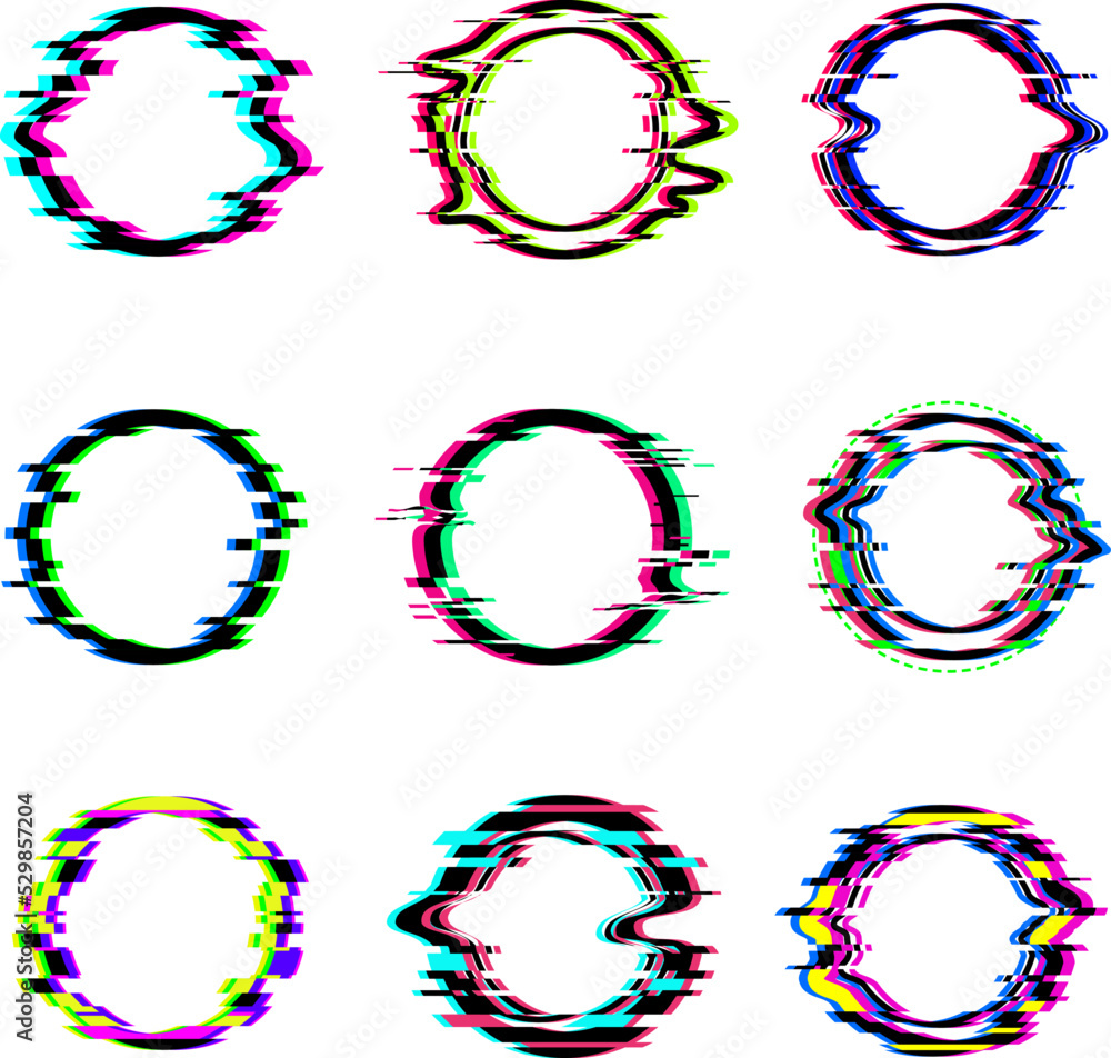 Poster glitch circles. round glitched digital frames dynamic broken television signal visualization rings r