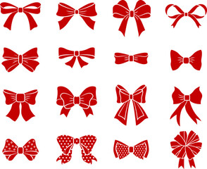 Flat red bows. Scarlet bow ribbons silhouettes, cartoon holiday presents and christmas gifts knot icons
