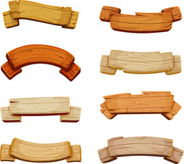 Rustic wooden signboards. Wood labels forms, cartoon old materials boards planks saloon tag elements
