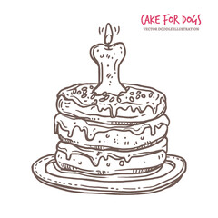 Cake for dog doodle illustration - festive layered treat for pet, decorated with bone shaped candle. Delicious and cute dish for puppy birthday celebration. Hand drawn appetizer for doggy party