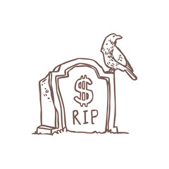 Dead money sketch vector - hand drawn illustration of gravestone with dollar sign isolated on white background. Doodle dollar tombstone for economic and financial crisis concept