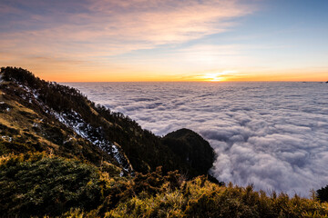 Sunset view of cloud sea in Hehuan Mountain Forest Recreation Area of Nantou, Taiwan. Taroko...