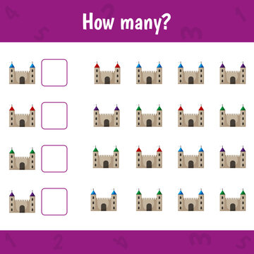 How many castles are there. Count the number and write. Math worksheet for kids.